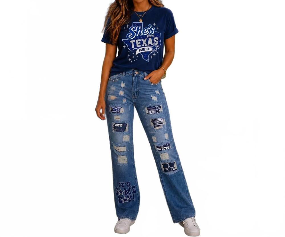 NEW LOVESOFT dallas cowboys distressed patchwork straight leg jeans in blue